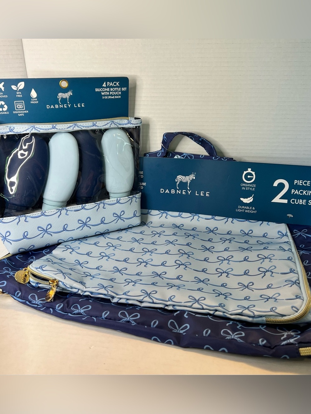 Dabney Lee Navy Light Blue Bow Travel Toiletry Bag Silicone Bottle Set New